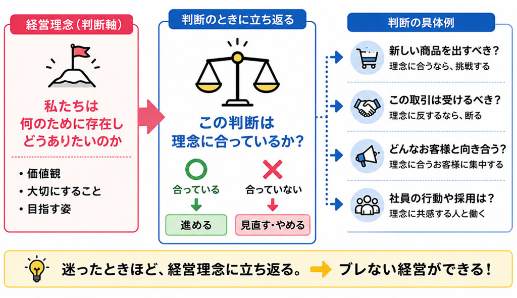 経営理念を判断軸として、商品、取引、顧客、採用などの判断に立ち返る図